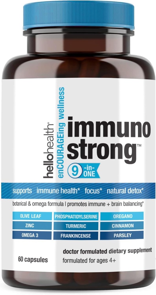 Daglig immunsupportsupplement Immunostrong 10- in-1 Immunitetsvitaminer med immunbooster Oregano, Olive Leaf, lindrende antioxidant Omega 3, gurkemeje Curcumin & Zinkvitaminer til voksne og børn - 60 ng