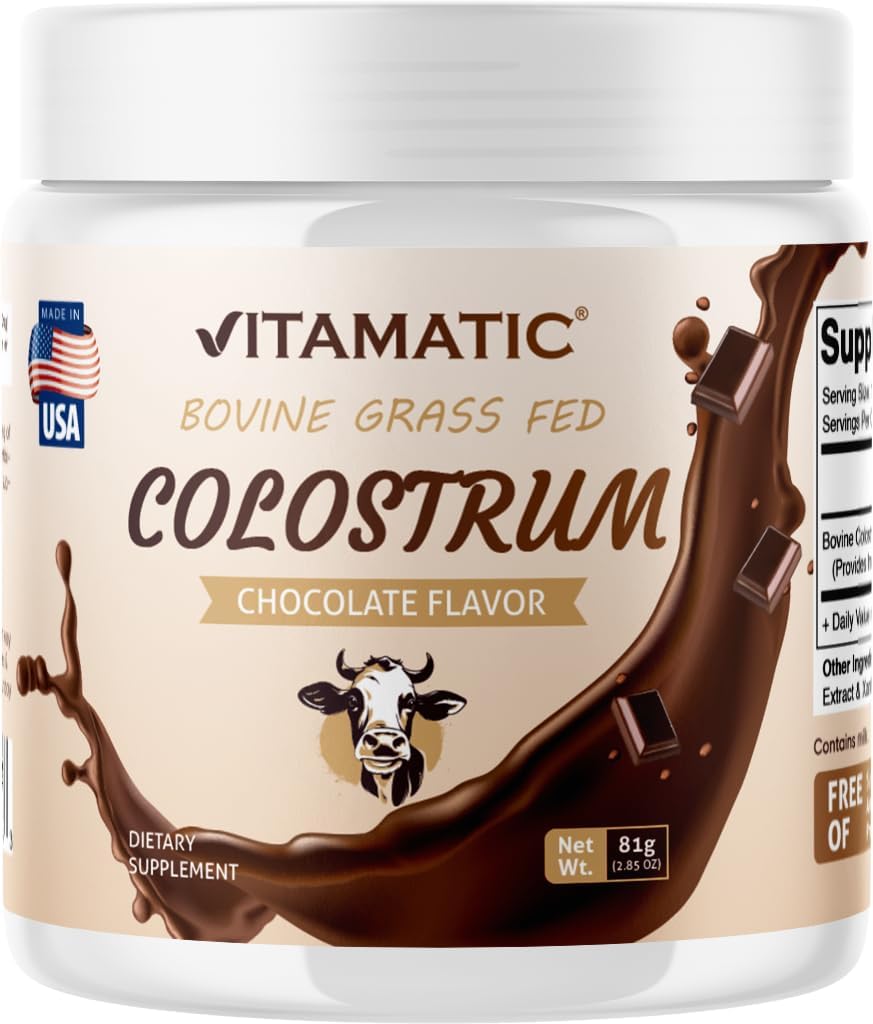 Vitamatic Bovine Colostrum Powder - Supplement for Gut Health, Hair Growth, Beauty, Muscle Recovery, & Immune Support - Easy to Mix - 81 Gram - 30 Servings (Chocolate Flavor)