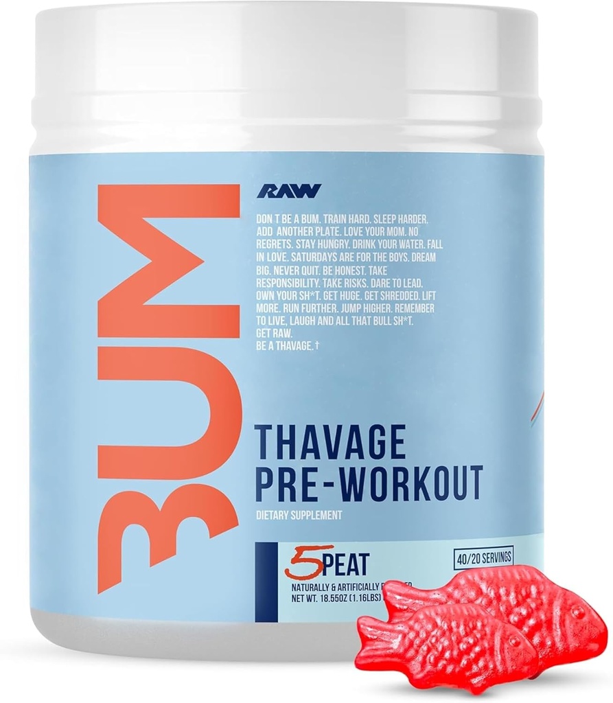RAW Pre Workout Powder, Thavage (5 Peat, Red Gummy) - Chris Bumstead Sport Nutrition Supplement for mænd og kvinder - Cbum Pre Workout for working out, Hydration, Mental Focus & Energy - 40 Serveringer