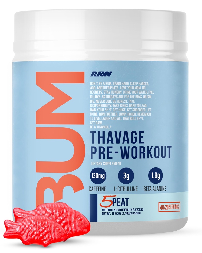RAW Pre Workout Powder, Thavage (5 Peat, Red Gummy) - Chris Bumstead Sport Nutrition Supplement for mænd og kvinder - Cbum Pre Workout for working out, Hydration, Mental Focus & Energy - 40 Serveringer