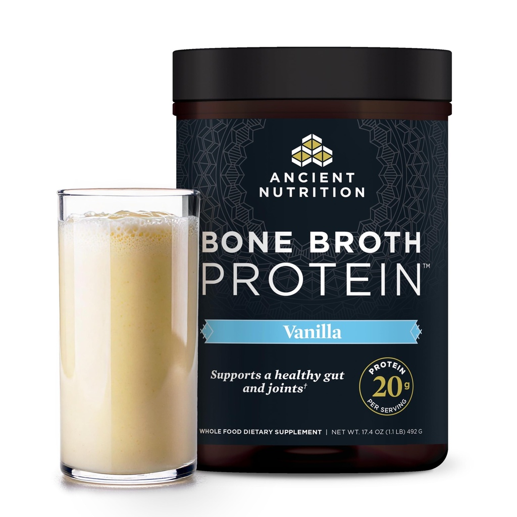 Ancient Nutrition Grass Fed, Cage Free, Bone Broth Protein Powder, 20g Protein, Hydrolyzed Collagen Peptider, Keto & Paleo Friendly, Understøtter Joint, Gut Health, Vanilla, 20 Servere