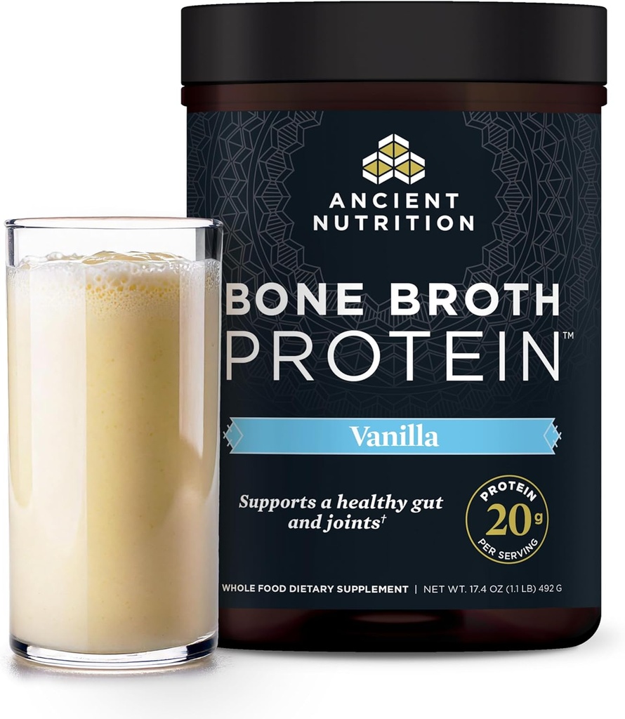 Ancient Nutrition Grass Fed, Cage Free, Bone Broth Protein Powder, 20g Protein, Hydrolyzed Collagen Peptider, Keto & Paleo Friendly, Understøtter Joint, Gut Health, Vanilla, 20 Servere