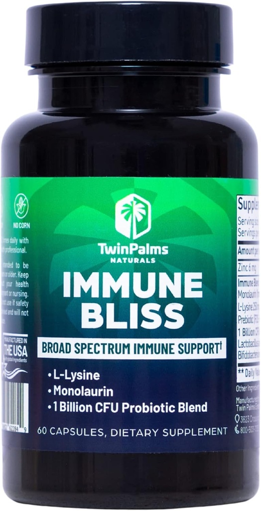 ImmunBliss - Broad Spectrum Daglig Wellness Support for Sæsonlig Sygdom 124; L- Lysin Monolaurin Probiotic Prebiotic Blend Budd124; Giver Natural Defense Budd124; Vegansk Vegetarisk Non- GMO Budd124; 60 Kapsler