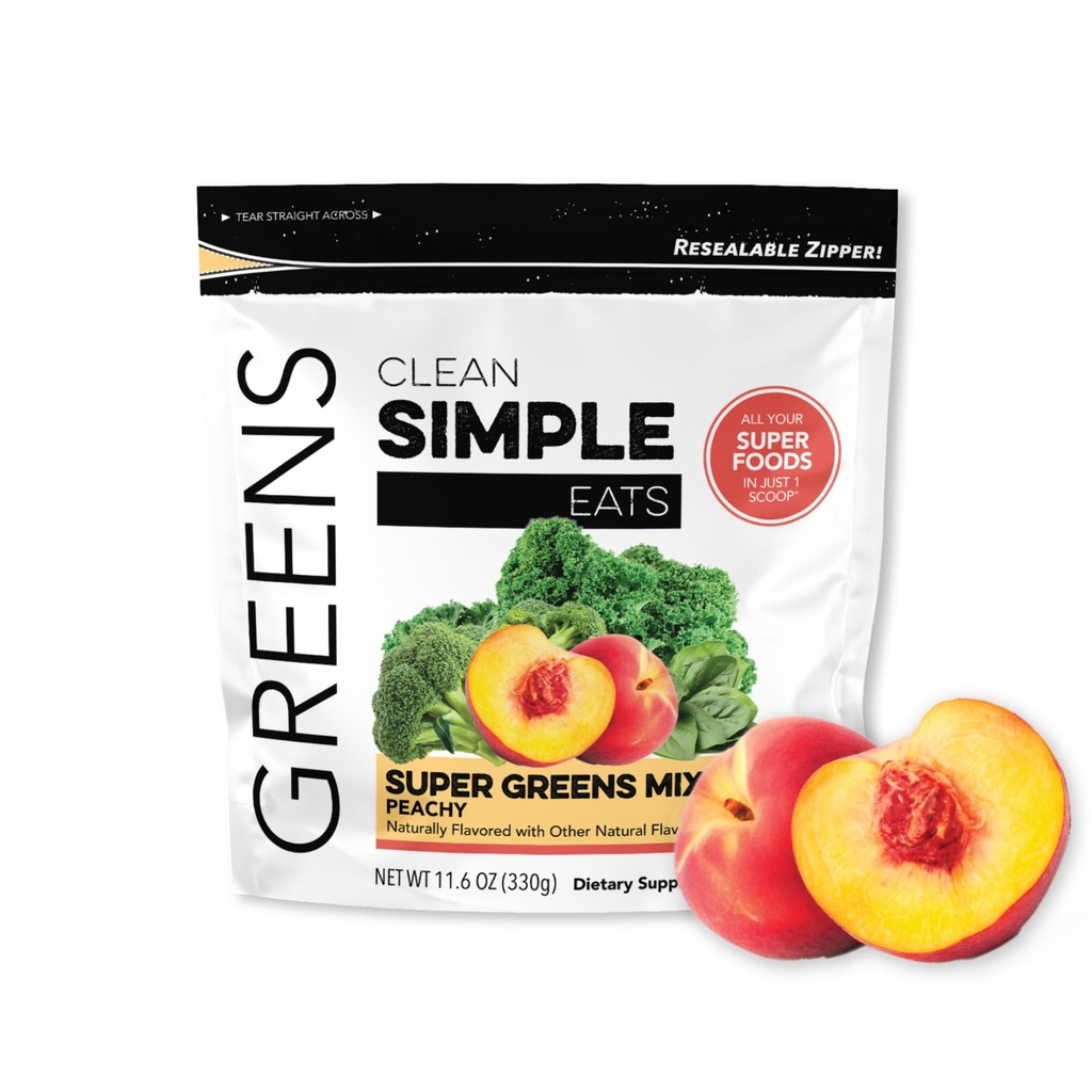 Clean Simple Eats Super Green Powder, Naturlig Flavored Green Powder med Chlorella, Spirulina, Superfoods & Prebiotic Fiber, Ingen kunstige ingredienser, Gluten Free, Peachy Green Flavor, 30 Srvgs