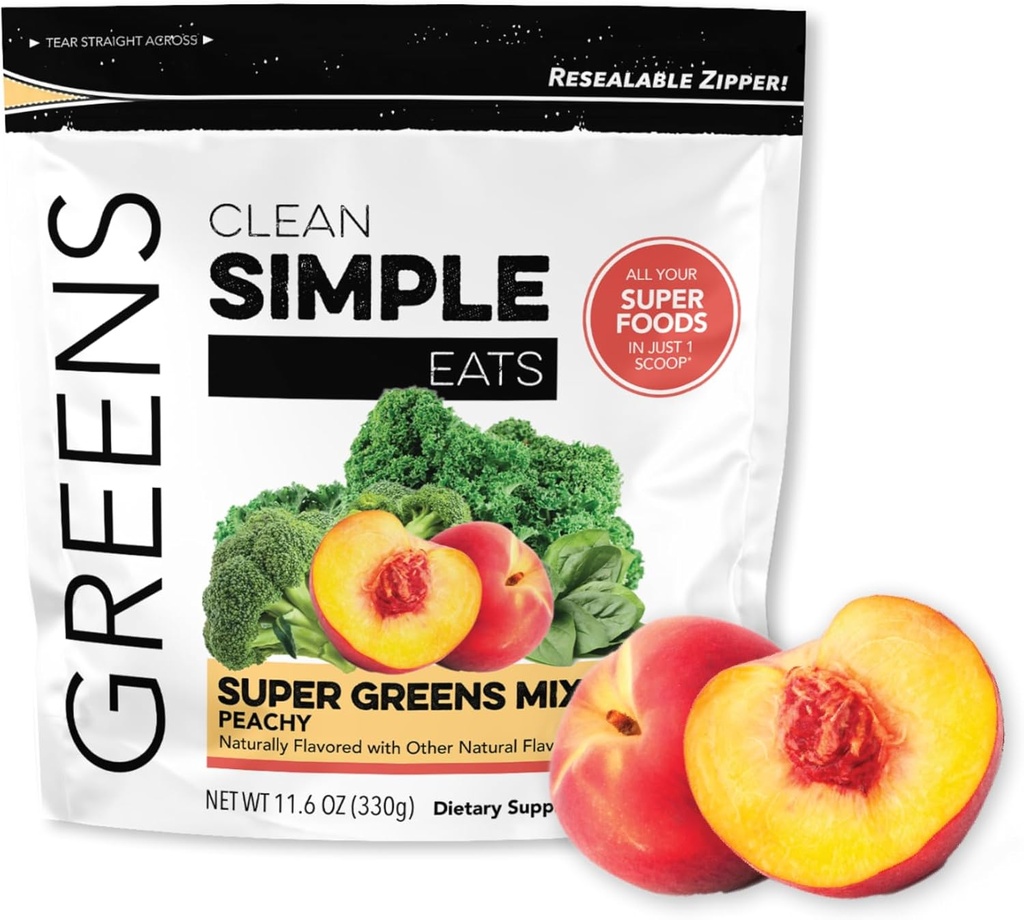 Clean Simple Eats Super Green Powder, Naturlig Flavored Green Powder med Chlorella, Spirulina, Superfoods & Prebiotic Fiber, Ingen kunstige ingredienser, Gluten Free, Peachy Green Flavor, 30 Srvgs