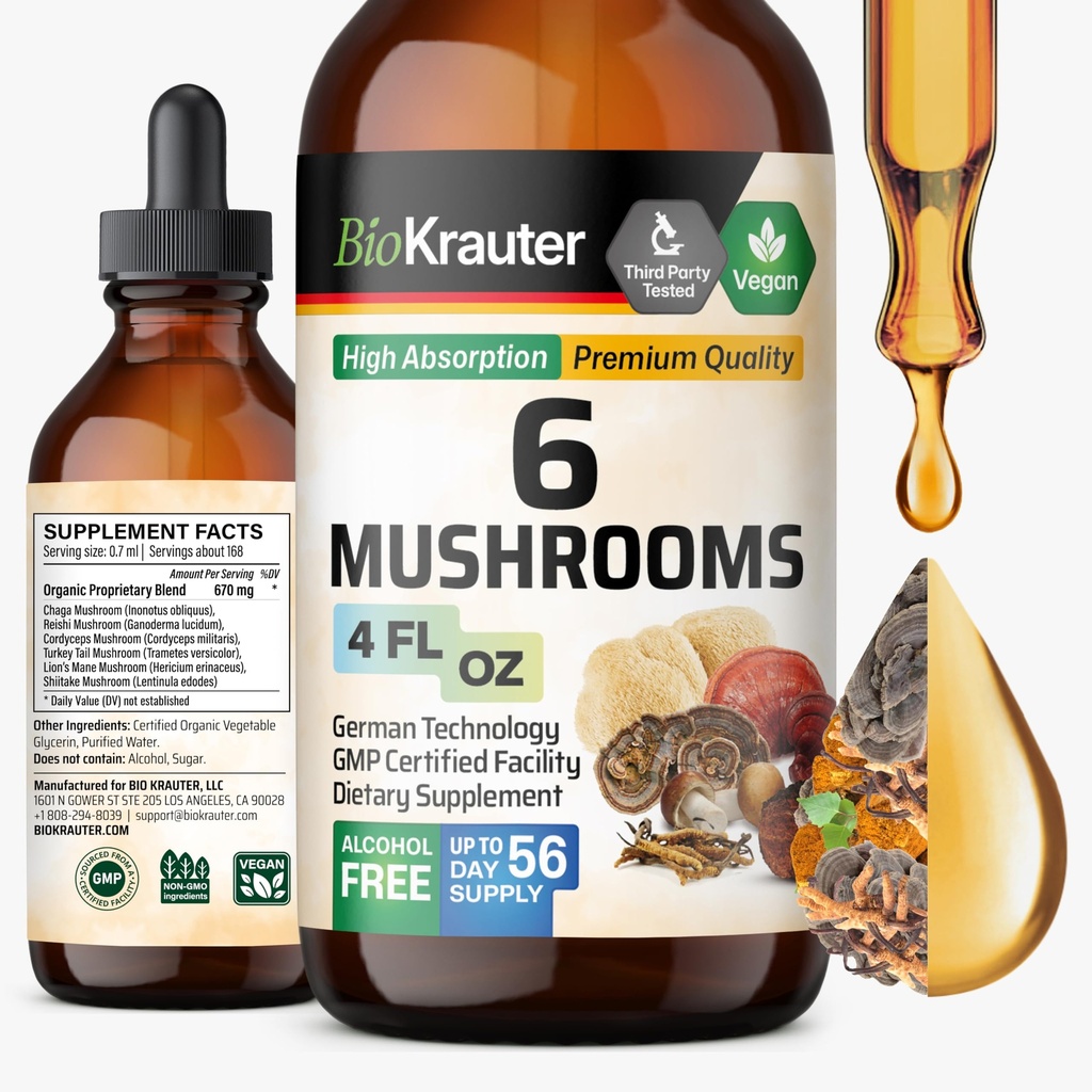 BIO KRAUTER 6 Svampe Supplement 6-in-1 - Lions Mane, Shiitake, Tyrkiet Hale, Cordyceps, Reishi & Chaga Liquid Extract - Svampe Complex Tincture - Vegan Drops 4 Fl.Oz.