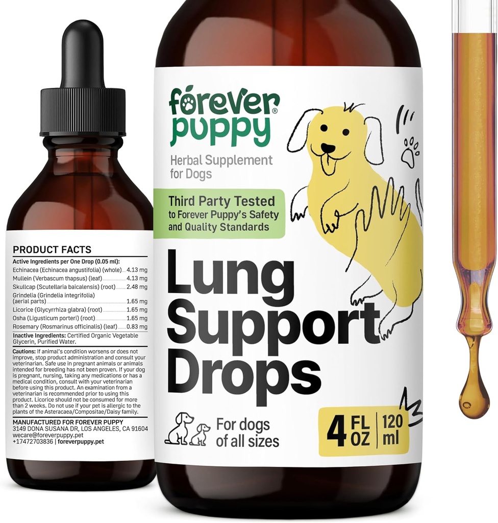 Forever Puppy Lung Support Drops til hunde - Respiratory Health Supplements - Mullein Leaf & Echinacea Herb til lunger - flydende hund vitaminer og kosttilskud - Sukker & Alkohol- Gratis tinktur - 4 fl oz