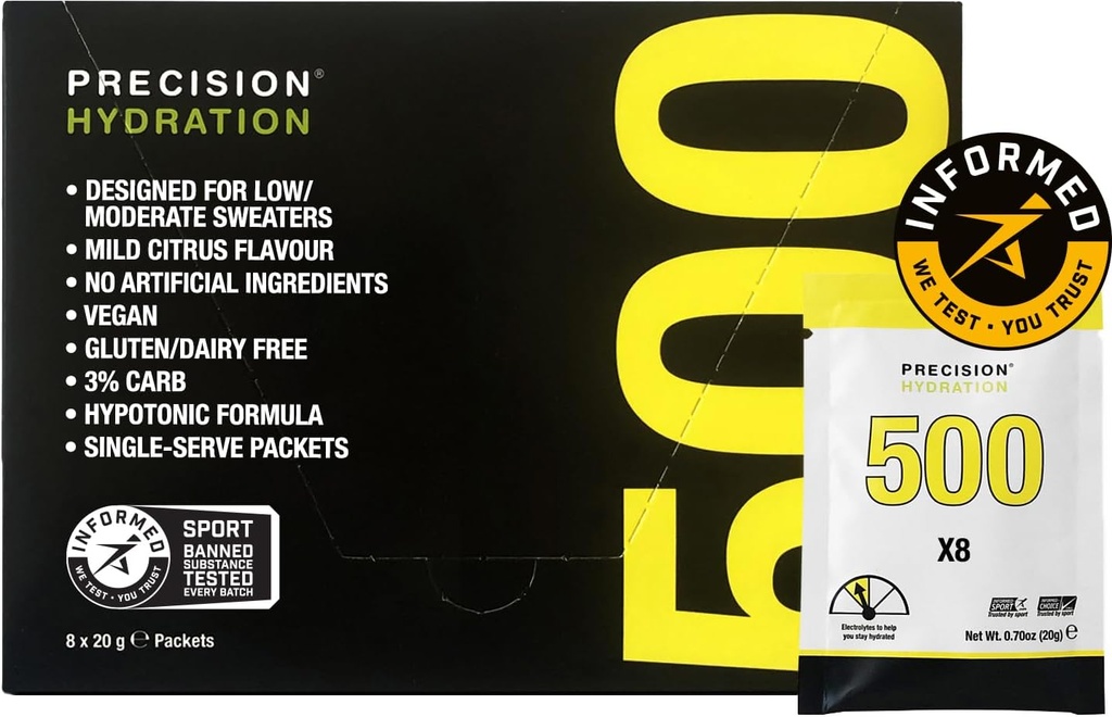 Præcision Hydration Electrolyte Drink Mix - Alle naturlige Multi Strength Electrolyte Powders - Individuelle vandtæt Servering - Gluten / Dairy Free (500mg / L - Gul pakning, pakke med 8)