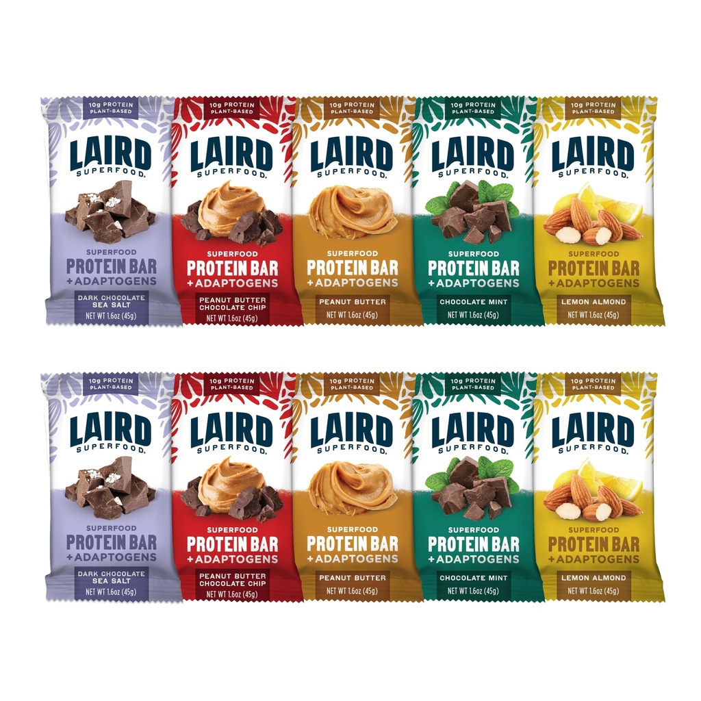 Laird Superfood Functional Protein Bars - Protein Bar, men bedre med rigtige ingredienser, Funktionelle svampe 10g Plantbaserede Protein, 6g Fiber - non-GMO - 5 Flavor Variety Pack, 10 Greve (Pack of 1)