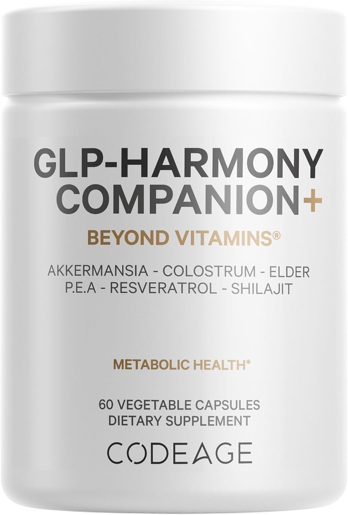 Codeage GLP- Harmony Companion + Supplement - GLP-1 Agonist Support - Lions Mane, Pea, Colostrum, Shilajit, Akkermansia, Ældre, Citrus Bioflavonoider, Broccoli, Resveratrol - Non-GMO - 60 Kapsler