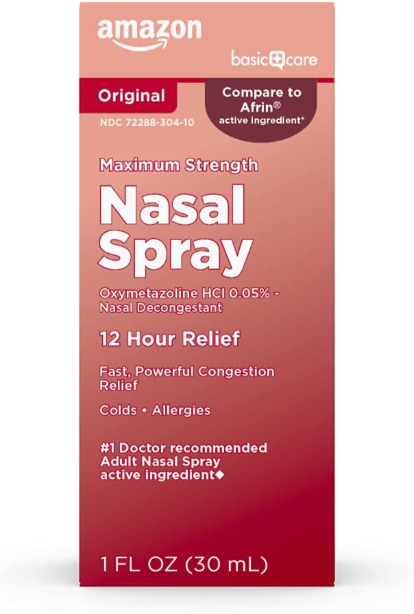 Basic Care Maksimum Strength 12 Hour Nasal Spray, Oxymetazoline HCl Solution, Congestion Relief, Cold and Allergy Medicine, Decongestant, 1 fl oz (pakke med 1)