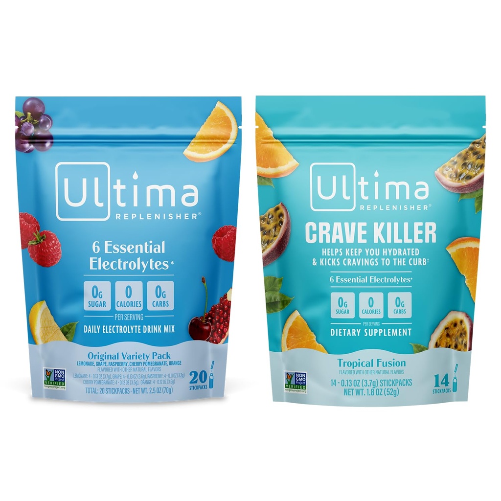 Ultima Replenisher Electrolyte Powder Drink Bundle - Sugar Free - Variety, Crave Killer - 20 Stickpacks, 14 Stickpacks - 6 Electrolytes and Minerals - Keto Friendly, Vegan, Non- GMO