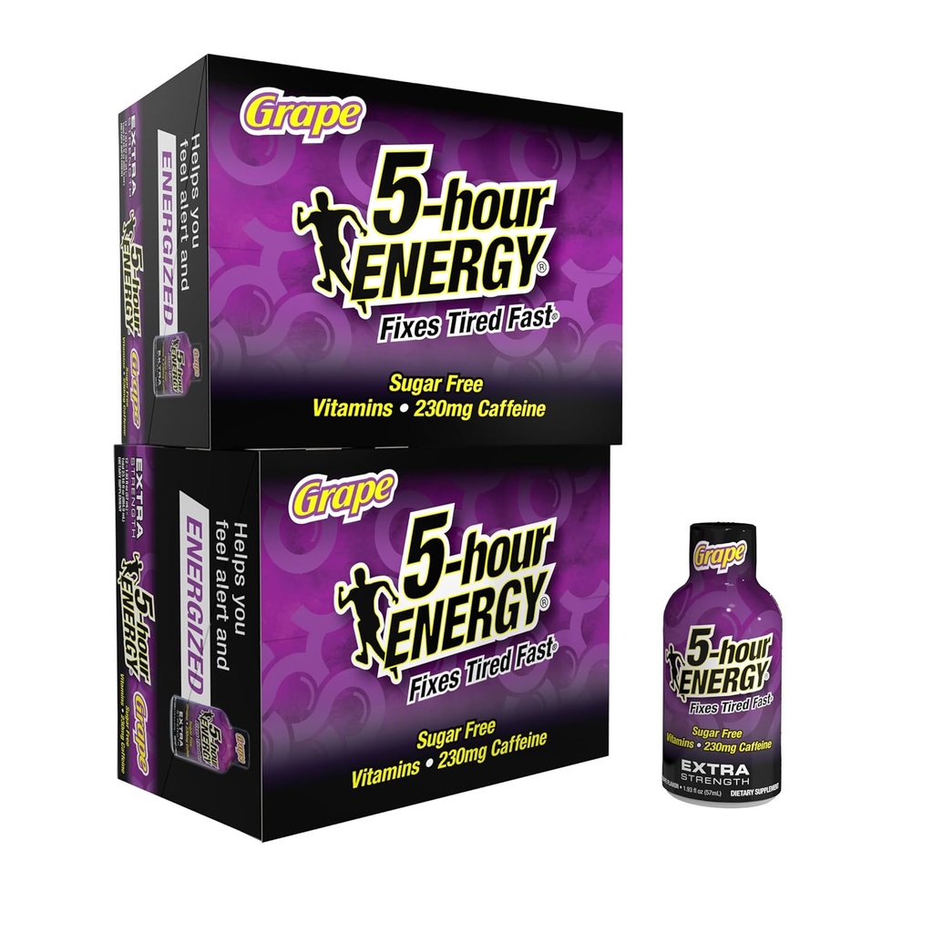 5-timers ENERGY Extra Strength Energy Shot, Grape Flavor (1,93 oz. - 24 Greve) Zero Calories & Sugar- Free 230 mg kaffe Shot, Aminosyrer & B Vitamin, Kosttilskud