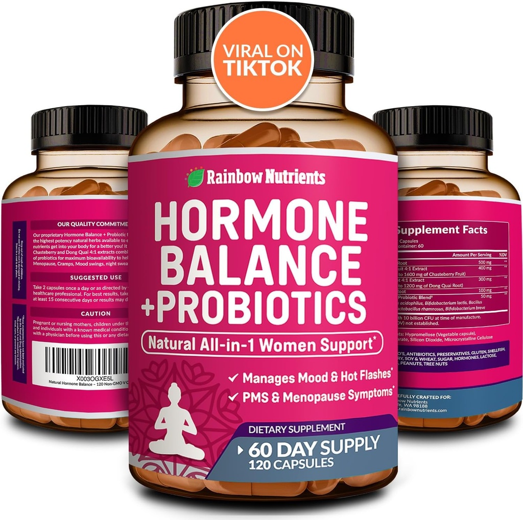 Hormonbalance + Probiotika til Women- Natural Menopause Relief, Weight Management, Bloating, Hot Flashs, PMS Note 124; Organic Maca, Chasteberry, Dong Quai & Black Cohosh