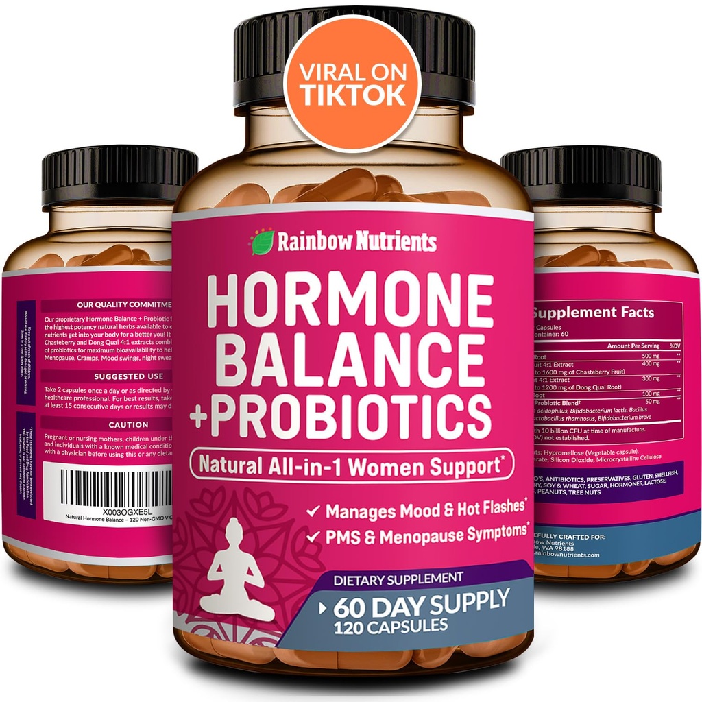 Hormonbalance + Probiotika til Women- Natural Menopause Relief, Weight Management, Bloating, Hot Flashs, PMS Note 124; Organic Maca, Chasteberry, Dong Quai & Black Cohosh