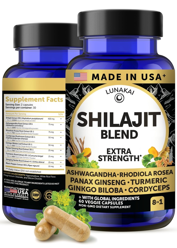 Lunakai USA Lavet Pure Shilajit kapsler med Ashwagandha, Rhodiola & Cordyceps - Ekstra styrke Shilajit Uddrag for mænd og kvinder, 60ct