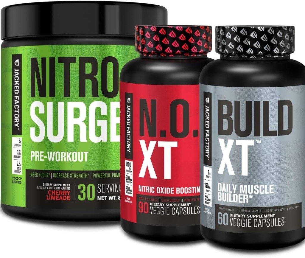 Jacked Factory Nitrobølge Pre Workout, N.O. XT nitrogenoxid Supplement & Build- XT Daily Muscle Builder Bundle