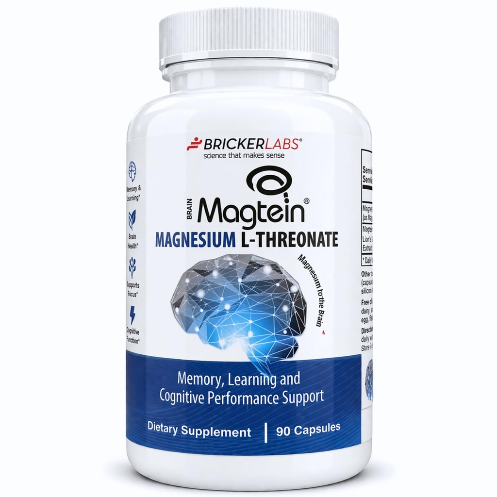 Bricker Labs Magtein ® Magnesium L- Threonate Supplement - Brain Health, Memory, Focus, Learning & Cognitive Function Support - 90 kapsler, 30 Servere