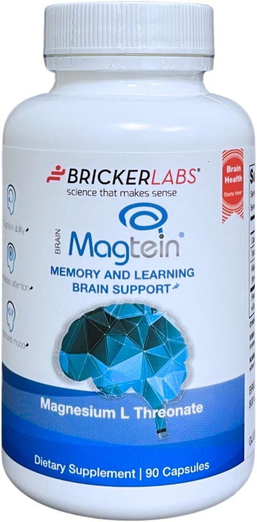 Bricker Labs Magtein ® Magnesium L- Threonate Supplement - Brain Health, Memory, Focus, Learning & Cognitive Function Support - 90 kapsler, 30 Servere