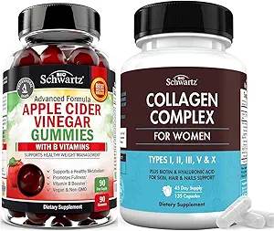 BioSchwartz ACV Apple Cider Vinagar Gummies med B Complex Vitaminer (3 måneders Tilgang) Plus Hydrolyzed Collagen Peptid Kapsler (45 dages Tilgang)