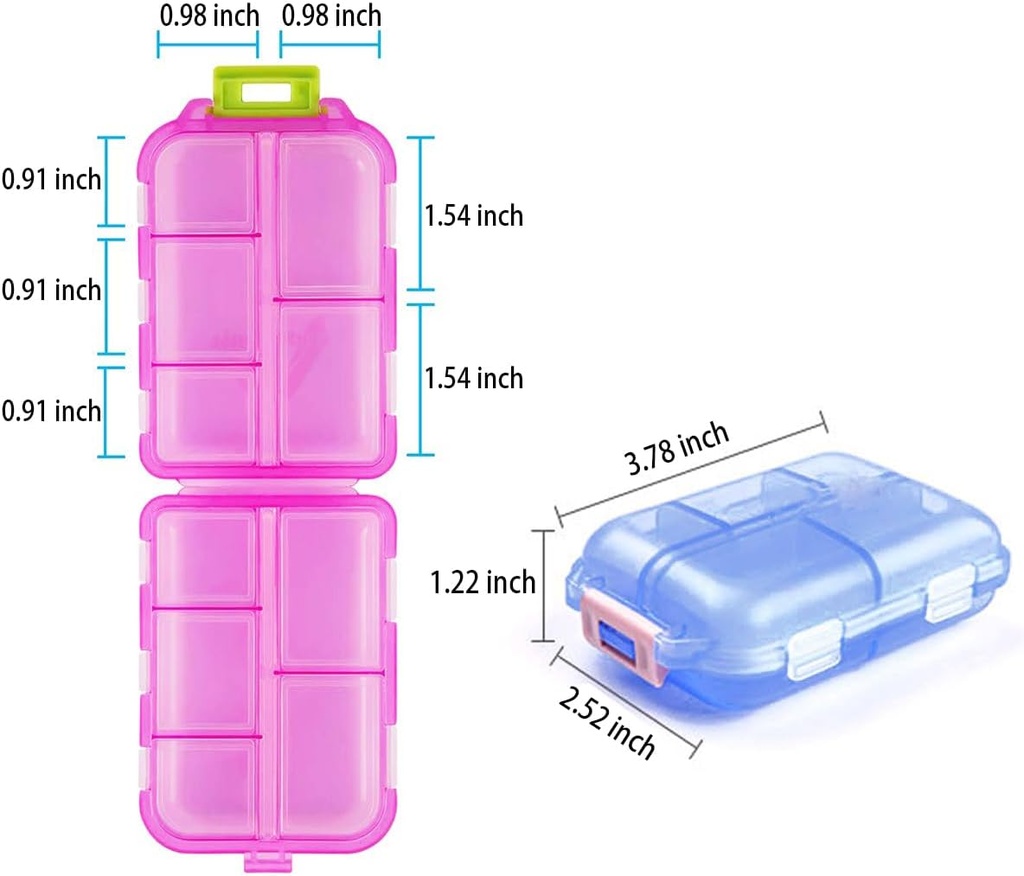 Small Travel Pill Box Organizer, 10 Compartment Pill Case Planner, Portable Folding Daily Medcine Container Capsule Dispenser for Storage Medication, Meds, Vitamin, Fish Oil, Supplement, Blue