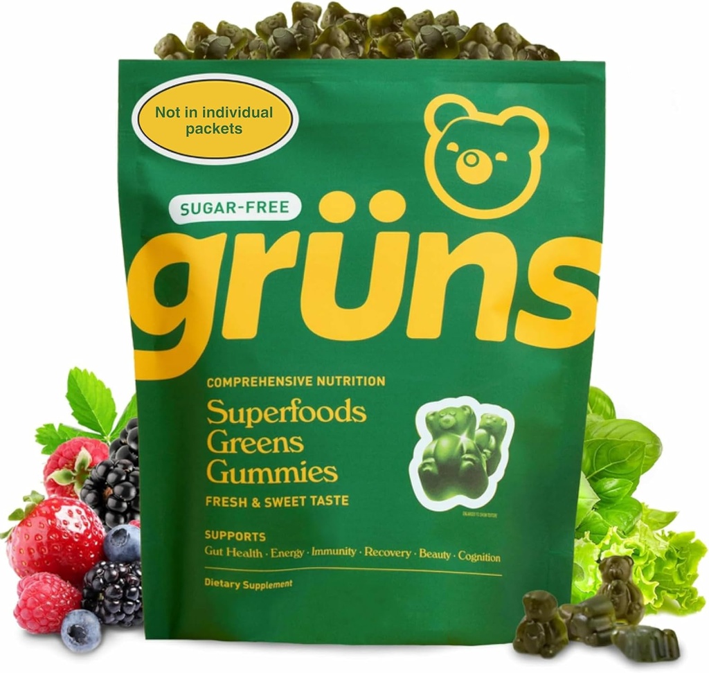 Gruns Voksen Sugar- Gratis Super Green Gummies - Superfood Gummy Bears med Spirulina, Chlorella, Fiber & Prebiotics til fordøjelsessygdomme, Adaptogen supplement med 20 vitaminer og mineraler, 2 ugers forsyning