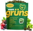 Gruns Adult Sugar-Free Super Greens Gummies - Superfood Gummy Bears with Spirulina, Chlorella, Fiber & Prebiotics for Digestive Health, Adaptogen Supplement with 20 Vitamins & Minerals, 2 Week Supply