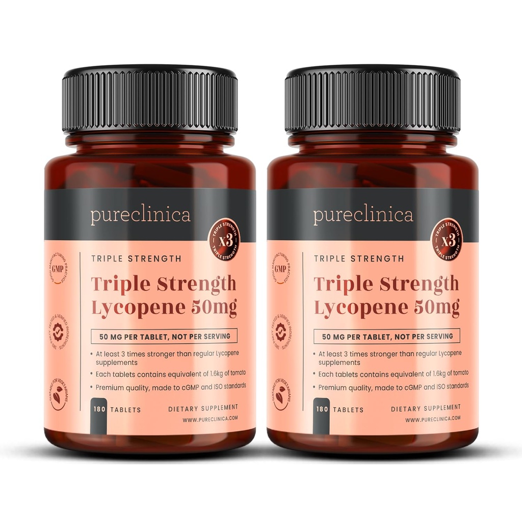 pureclinica Lycopene Supplement 50mg - High Strength Tomato Extract Antioxidant - 360 tabletter (1 års forsyning) - Prostata sundhed, hjerte, øje & hudstøtte - GMO fri