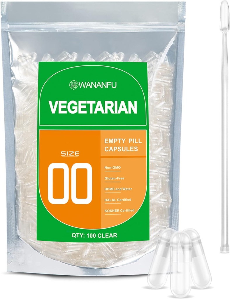 wananfu størrelse 00 Tomme kapsler Vegetarisk (100 Greve) Bundle med Micro Lab Spoon, Clear Fillable Veggie Pill Kapsler 00 til at lave dine egne kosttilskud