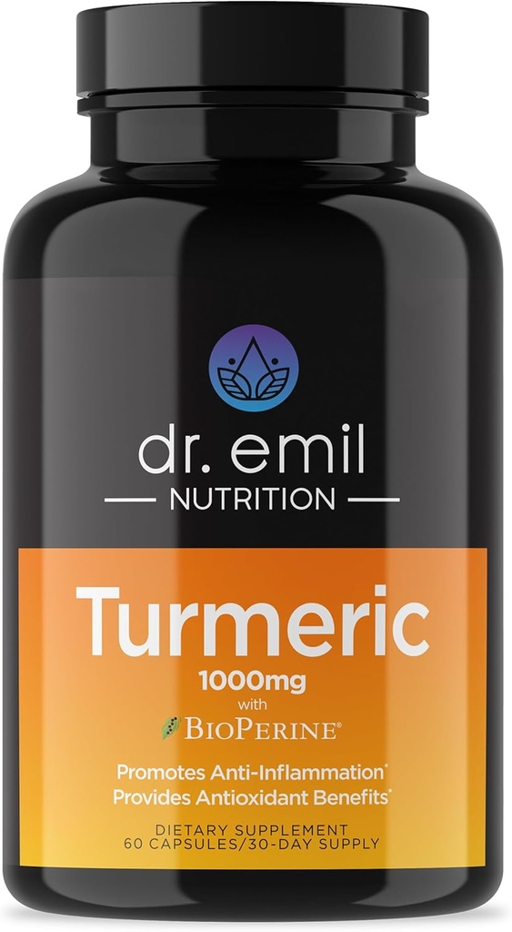 DR. EMIL NUTRITION Gurkemeje med sort peber supplement - Gurkemeje kapsler med BioPerine for Easy Absorption - 1000mg gurkemeje supplement, 60 kapsler