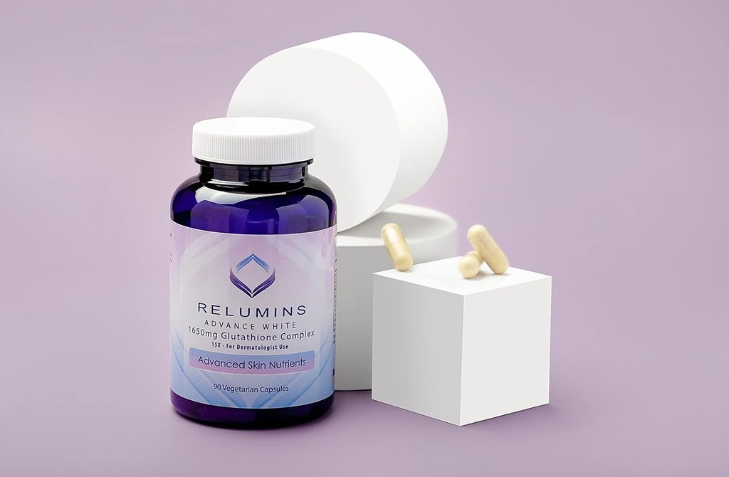 Pakning med 2 reluminer Advance White 1650mg Glutathione Complex - 15x dermatologisk formel med avancerede hudnærings- 2 flasker, 90 kapsler Hver, 180 Total Kapsler