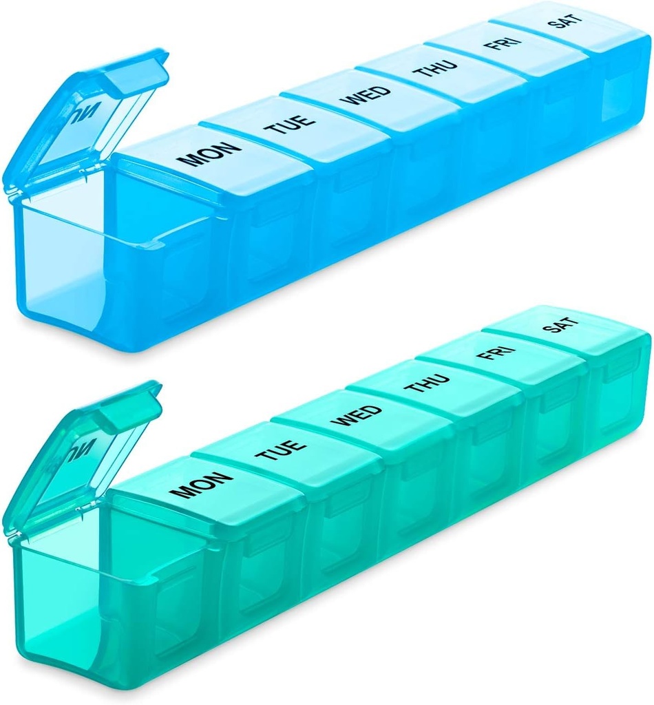 BUG HULL Weekly Pill Organizer Large 2 Pakker, Ekstra store Travel Pill Arrangører, Pill Box 7 Dag, Travel Pill Case, Medicin Pill Organizer til vitaminer, Kosttilskud og Medicin (blå + grøn)