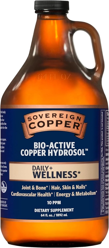Sovereign Kobber Bio- Aktiv Kobber Hydrosol, Daglig + 4 - in-1 Wellness supplement til fælles og ben *, hår, hud og negle *, kardiovaskulær sundhed * og energi og stofskifte support *, 64oz