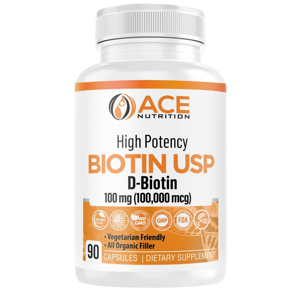 Høj potens Biotin USP (D- Biotin 100,000mcg) - Superior Biotin, Organic Rice Mel, Vegetariske kapsler til hår, hud, & Myelin Sundhed, Lavet i USA (100mg / 90 Kapsler)