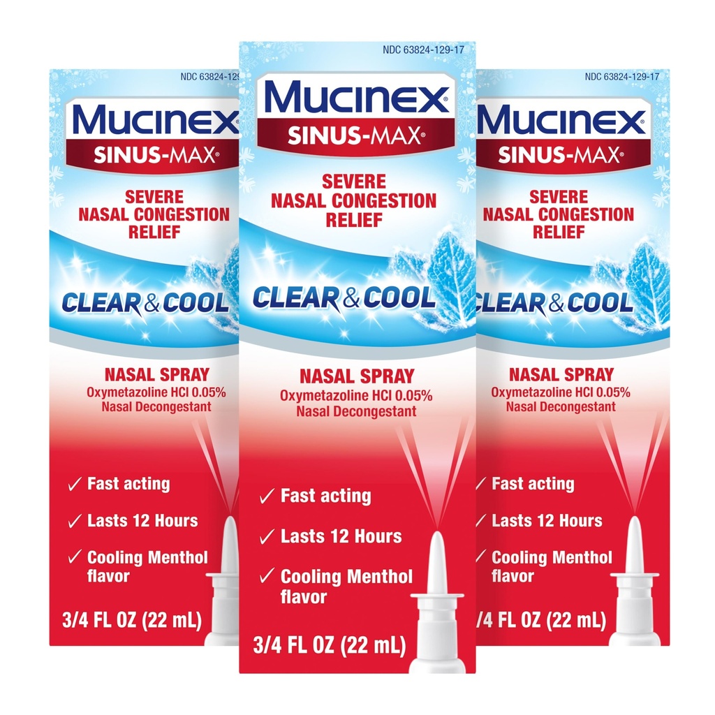 Mucinex Sinus- Max Nasal Spray Decongestant, 12 timers Over- The- Counter Medication Næse Spray til Sinus Relief, Nasal Decongestants til voksne, Cooling Menthol, 0,75 Fl Oz (pakke med 3)