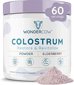 WONDERCOW Colostrum Supplement Pulver til Gut sundhed, immunforsvar, Muscle Recovery & Wellness - 124; Natural IgG Pure Whole Bovine Colostrum Superfood, Elderberry, 60 Servere