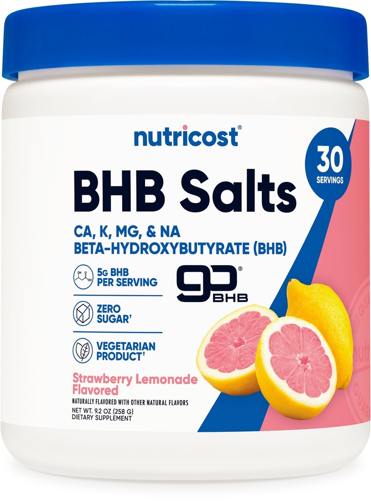 Nutricost BHB Salts Drink Mix (30 Servering, Jordbær Lemonade Flavored) (5G BHB Per Servering) - 0G Total sukkerarter, Vegetarisk Produkt
