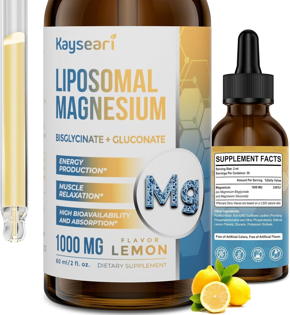 High Strength Liposomal Magnesium Drops, Let Absorberet Chelated Forms of Magnesium Bisglycinate and Magnesium Gluconate, 60ML Lemon Flavored Liquid Drops