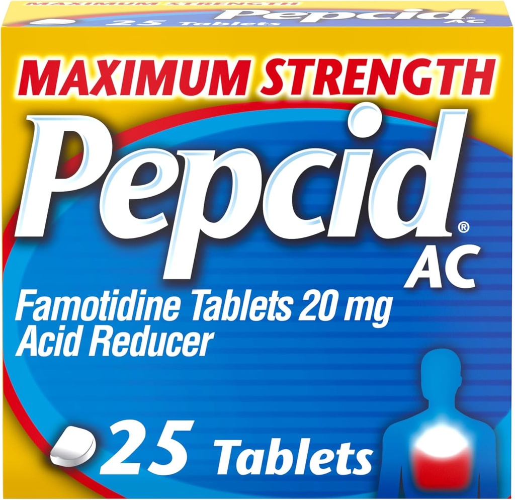Pepcid AC Maksimal styrke Heartburn Relief Tablets, OTC Medicine Prevents & Relieves Heartburn & Acid Reflux På grund af syrefordøjelsesbesvær, 20mg Famotidinsyre Reducer, Fast- Active, 25 ct