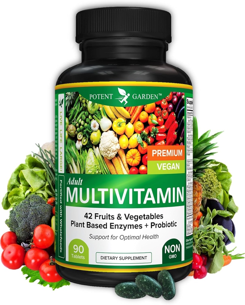 Potent Have Voksen Multivitamin for kvinder & mænd, 42 Frugter & Grøntsager Plus Probiotika, Understøtter Energy Metabolisme & Immunsystem, Daglig Multivitamin for mænd & kvinder Non- GMO, 90 Tabs, 30 Servering