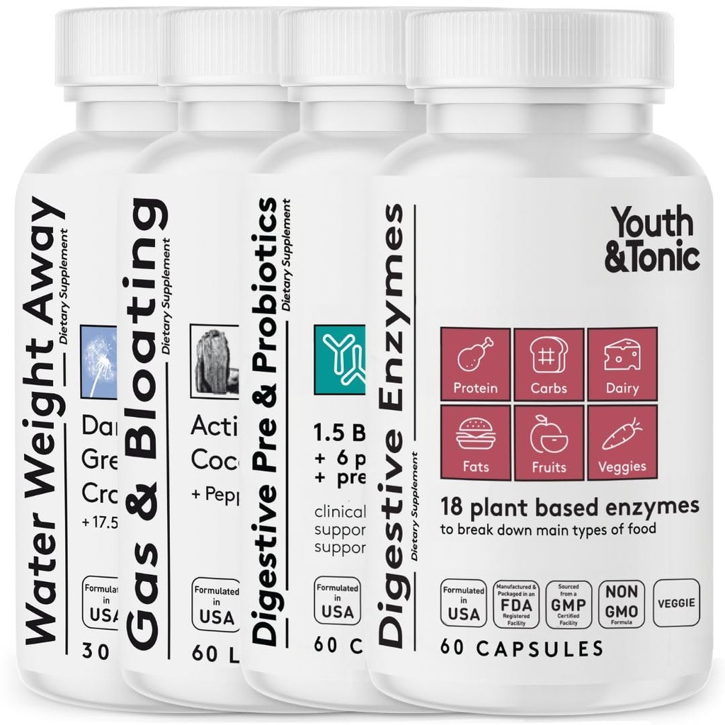 Unge & Tonic Bloating Relief med Pre & Probiotics fra vand retention, gas eller fødevarer fordøjelse med vandpiller, flydende aktiveret kul og fordøjelsesfremmende enzymer Bundle Pack