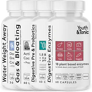 Youth & Tonic Bloating Relief with Pre & Probiotics from Water Retention, Gas or Food Digestion with Water Pills, Liquid Activated Charcoal and Digestive Enzymes Bundle Pack