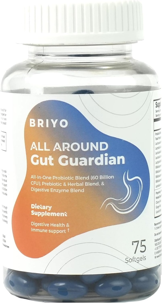 Briyo Gut Guardian Gut Health Support - 60 Millioner CFU Probiotika, Prebiotika, fordøjelsesfremmende enzymer, og urter til fordøjelse og immunforsvar - Relieves Forstoppelse, Diarré, Gas & Bloating