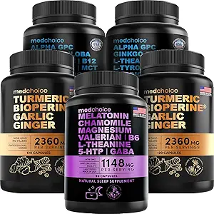 MEDCHOICE Sleep Melatonin (90ct), Gurkemeje & Ginger (240ct), og Nootrope Brain (120ct) Supplement Bundle - Wellness Trio for Brain, Sleep, & immunforsvar - Vegan, Non- GMO, Gluten- Free
