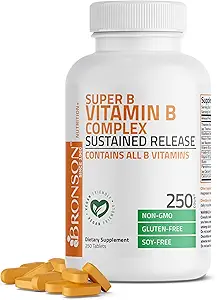 Bronson Super B vitamin B kompleks Vedvarende langsom frigivelse (vitamin B1, B2, B3, B6, B9 - folsyre, B12) Indeholder alle B vitaminer 250 tabletter