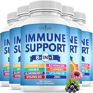 8 i 1 immunsupport booster tillæg med Echinacea, vitamin C og zink 50mg, vitamin D 5000 IE, gurkemeje & Ingefær, B6, hyldebær (8 i 1 kapsler (pakning med 5))