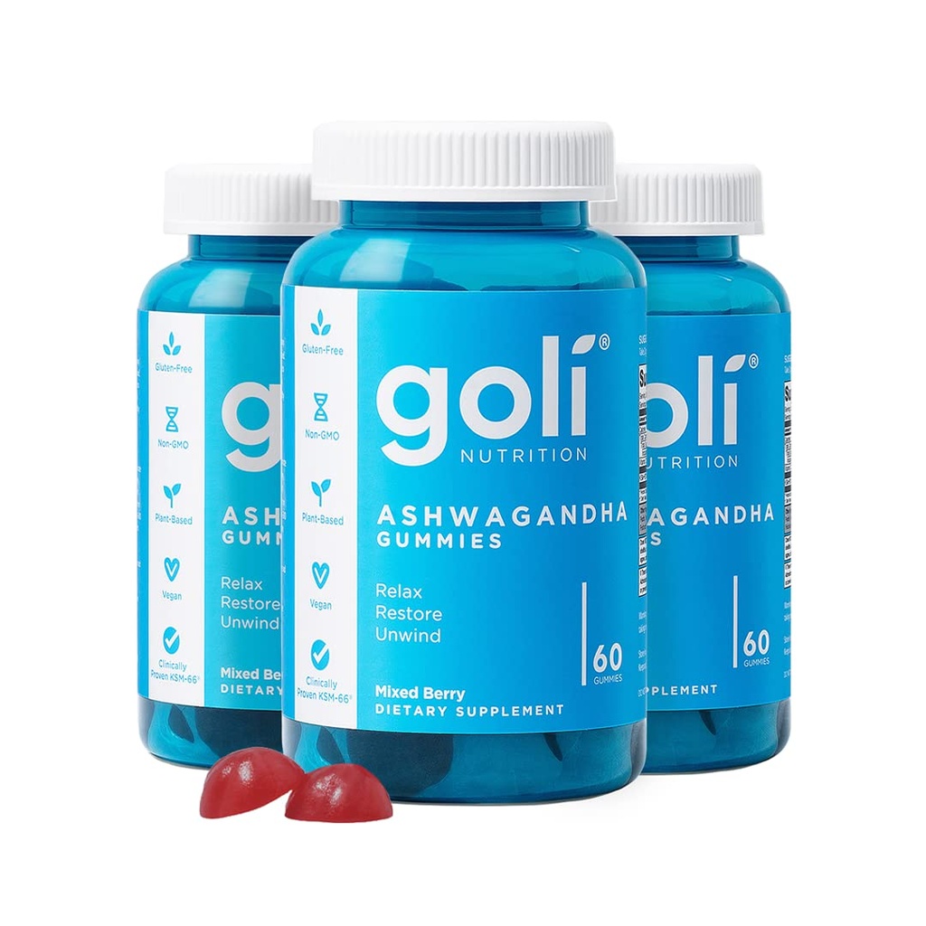 Goli Ashwagandha & D-vitamin Gummy - 180 Greve - Blandet berry, KSM- 66, Vegan, Plant Based, Non- GMO, Gluten- Free & Gelatine Free Relax. Gendan. Unwind, Pack of 3