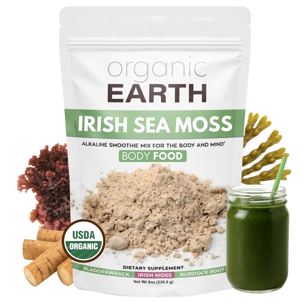Organic Earth Irish Sea Moss Powder 8oz - Wildcrafted Sea Moss Organic med Bladerwrack & Burdock Root Powder - Thyroid, fordøjelsesstøtte & sund hud - USDA Certificeret Organisk
