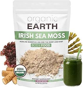 Organic Earth Irish Sea Moss Powder 8oz - Wildcrafted Sea Moss Organic med Bladerwrack & Burdock Root Powder - Thyroid, fordøjelsesstøtte & sund hud - USDA Certificeret Organisk