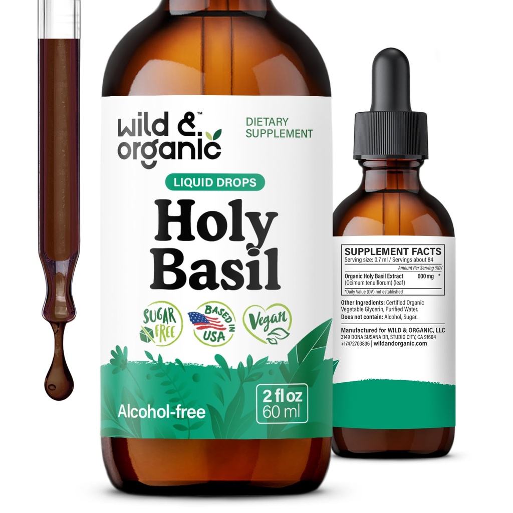 Wild & Organic Holy Basil Leaf Tinktur - Afslapning, Calmness, Mood Support - Tulsi Holy Basil Supplement - Vegan, Sukker & Alkohol- Free Herb Extract Drops - 2 fl oz